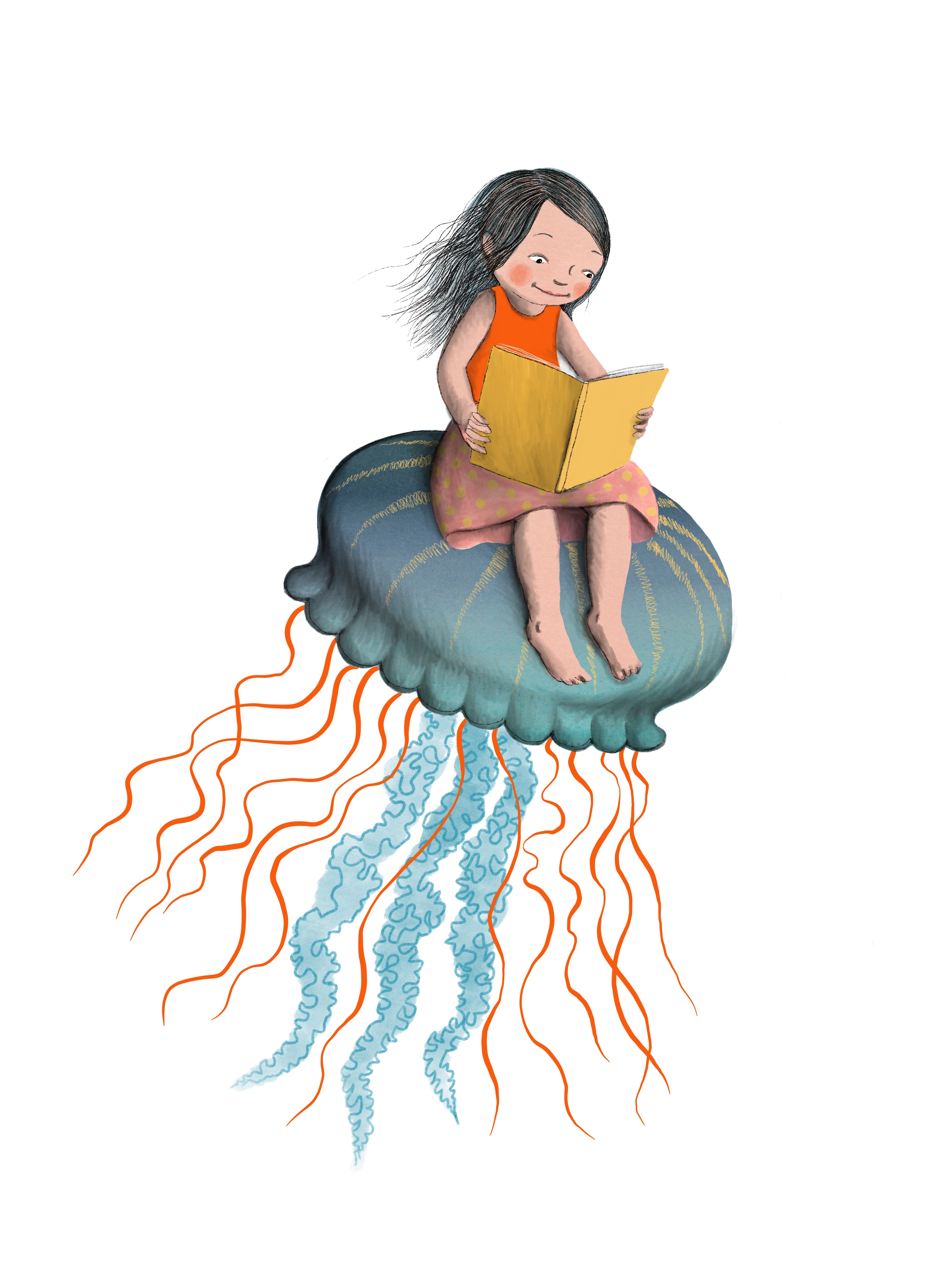 Girl reads while riding a jellyfish