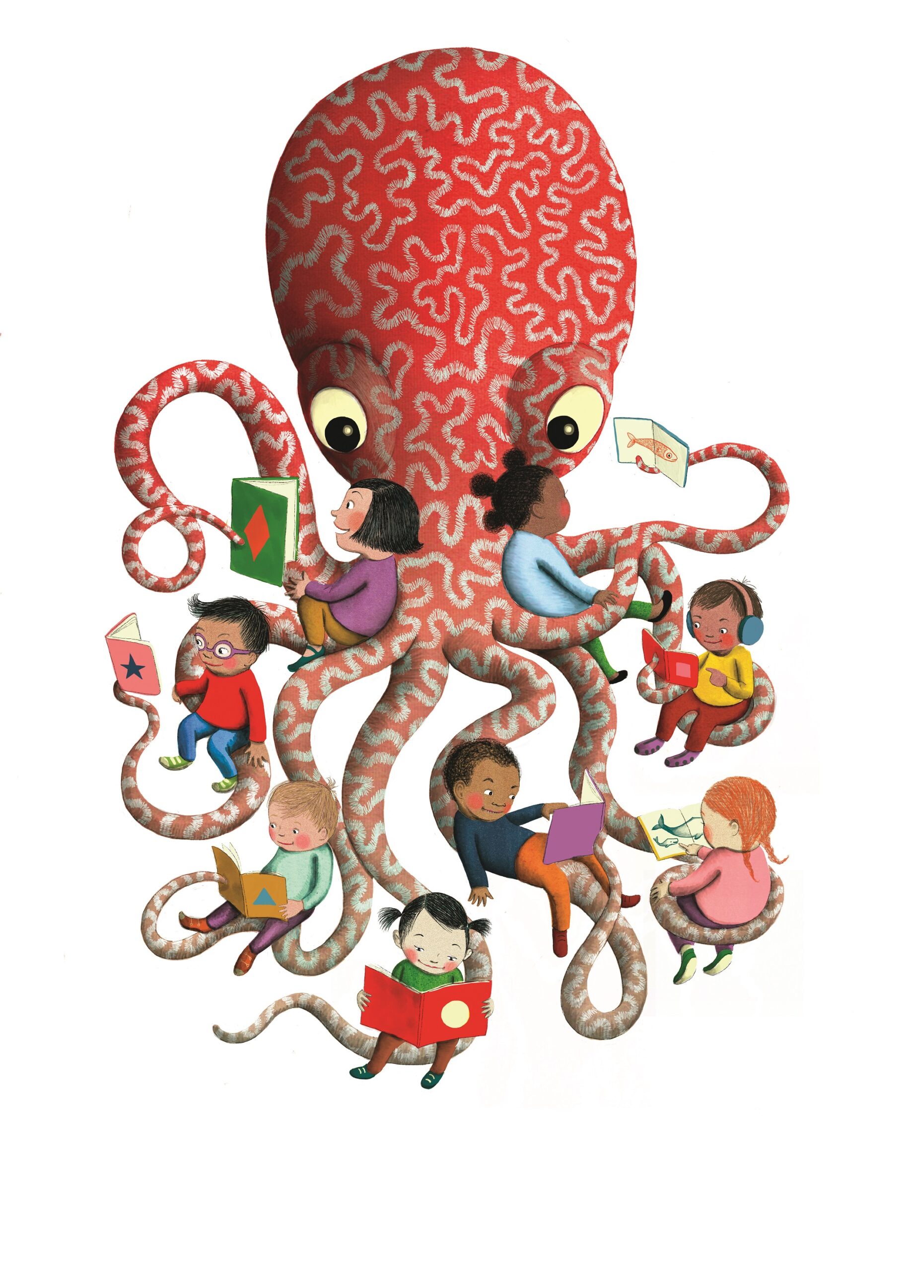 gentle octopus holds many children reading books