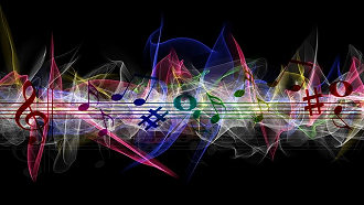Music notes with colorful soundwaves