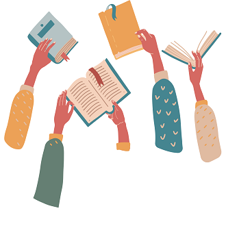 cartoon hands hold books in the air
