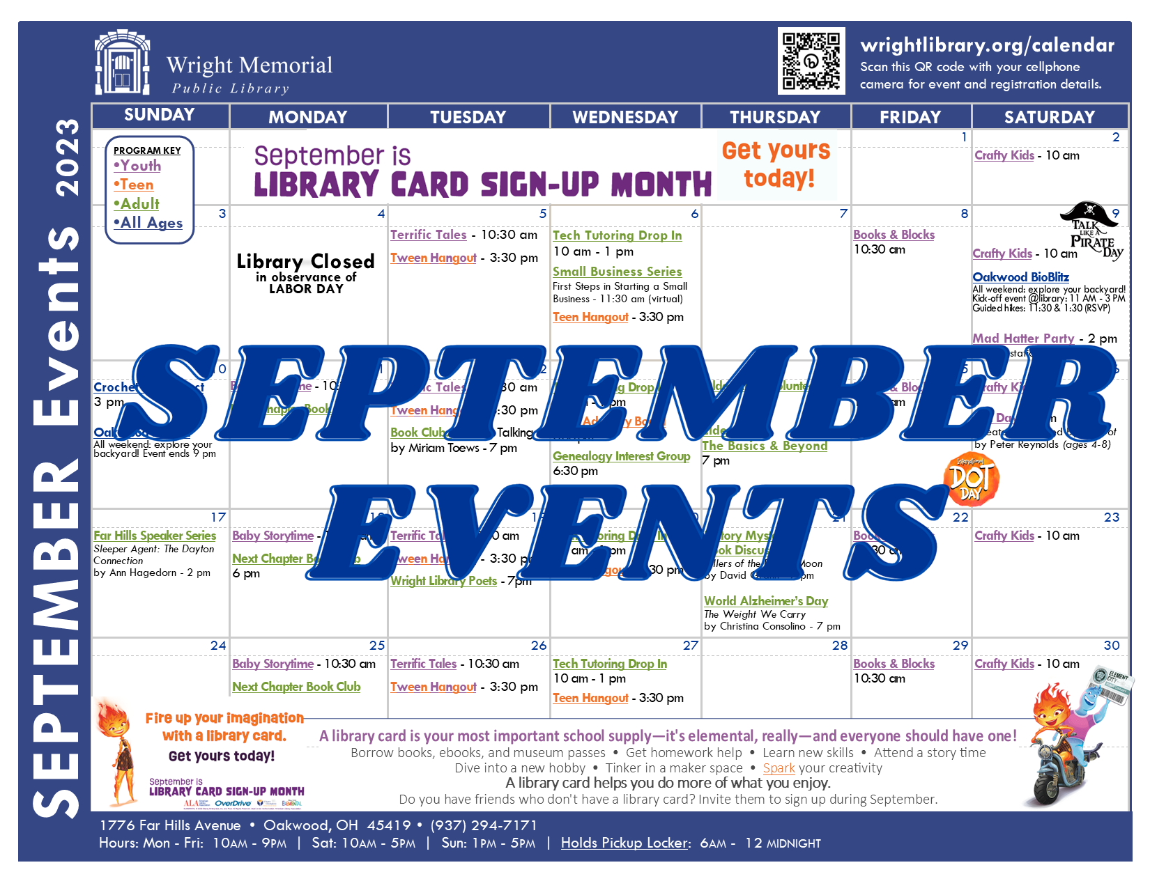 September calendar for Wright Public Library. Click links for more information.