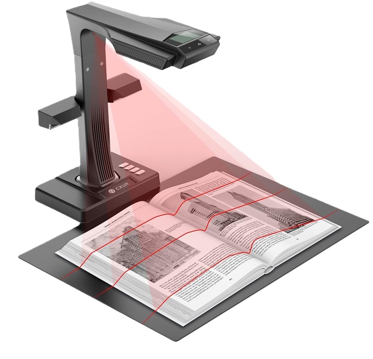 An open book lies on a platform, scanner lamp shines down on the pages