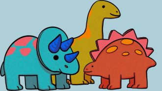 Three cartoon dinosaurs.