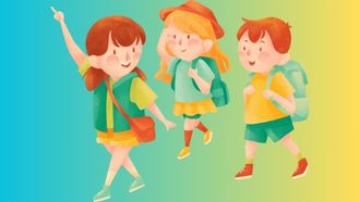 Three cartoon children with backpacks and hiking gear.