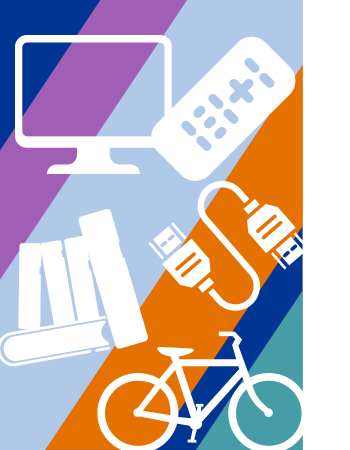 Wright Library Surplus Sale May 16, 2025, to include computer equipment, Roku remotes, technology accessories, an encyclopedia set, and a bicycle.