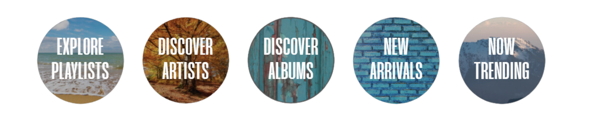Explore playlists, Discover artists, Discover albums, New arrivals, Now trending