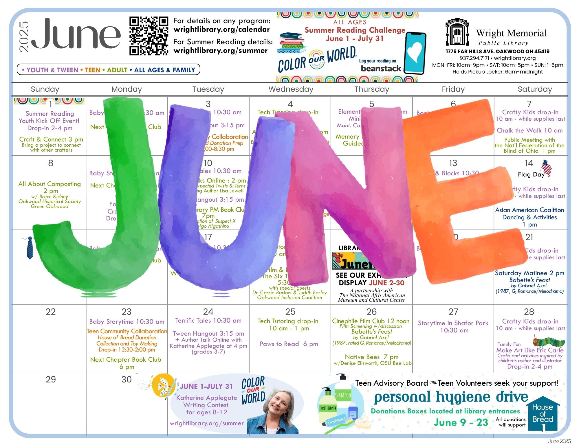 June calendar for Wright Public Library.