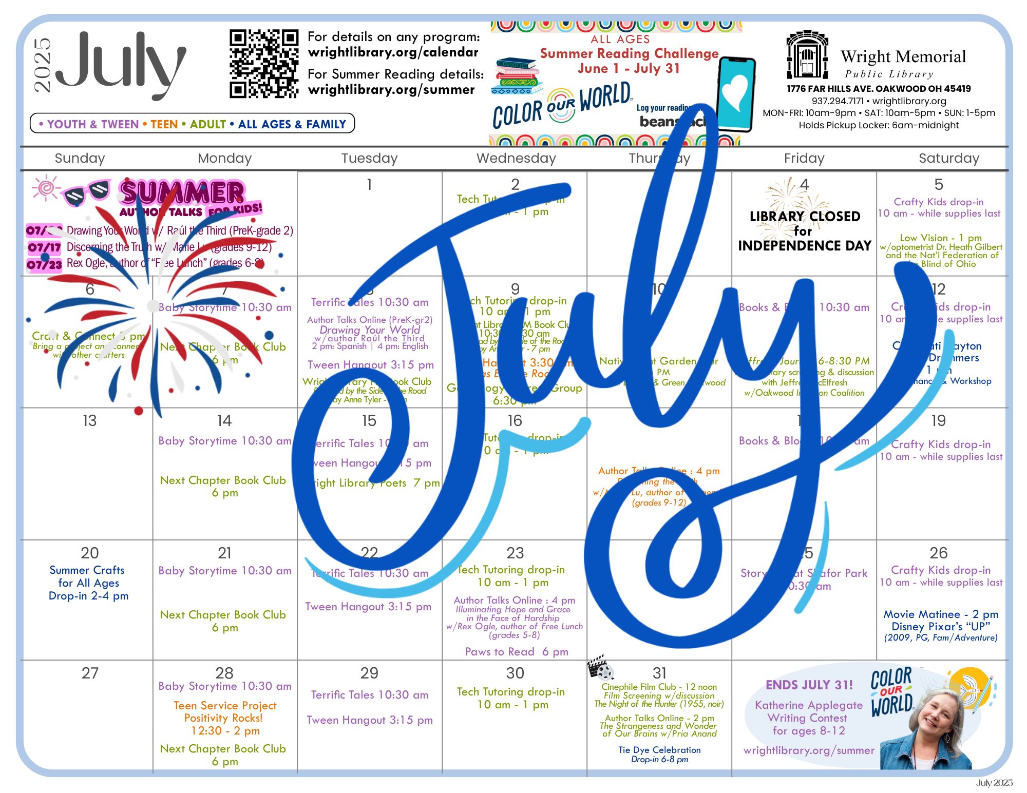 July calendar for Wright Public Library.