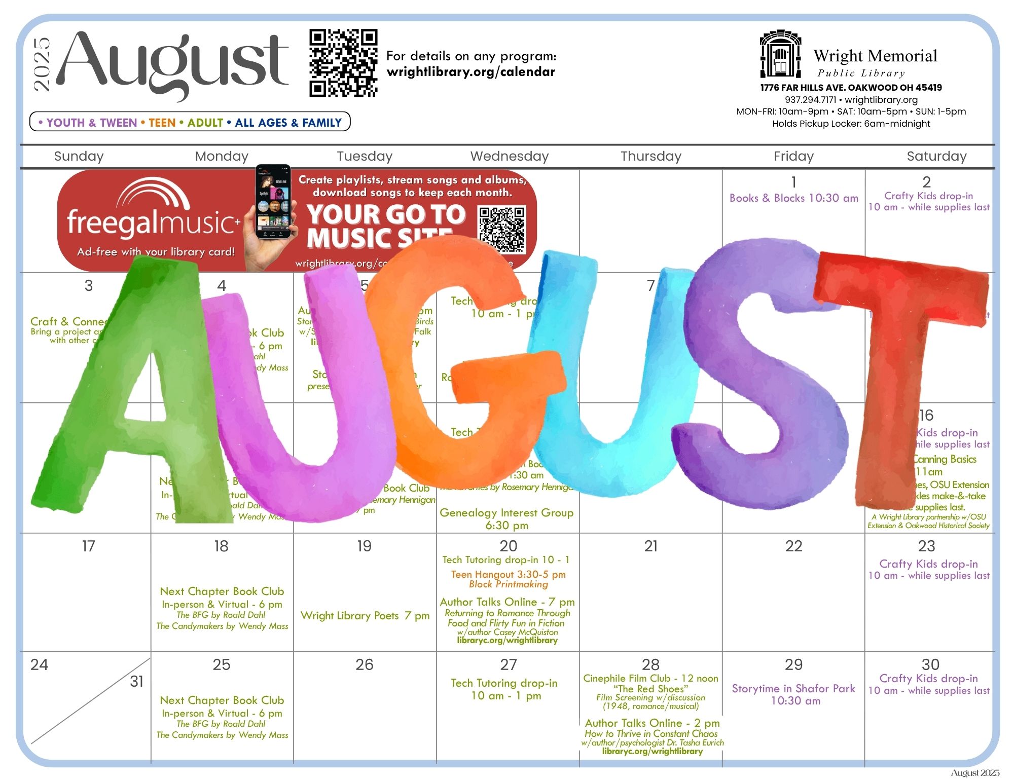 August calendar for Wright Public Library.