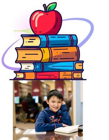 Wright Library Teacher Card! Stack of Books with apple on top.