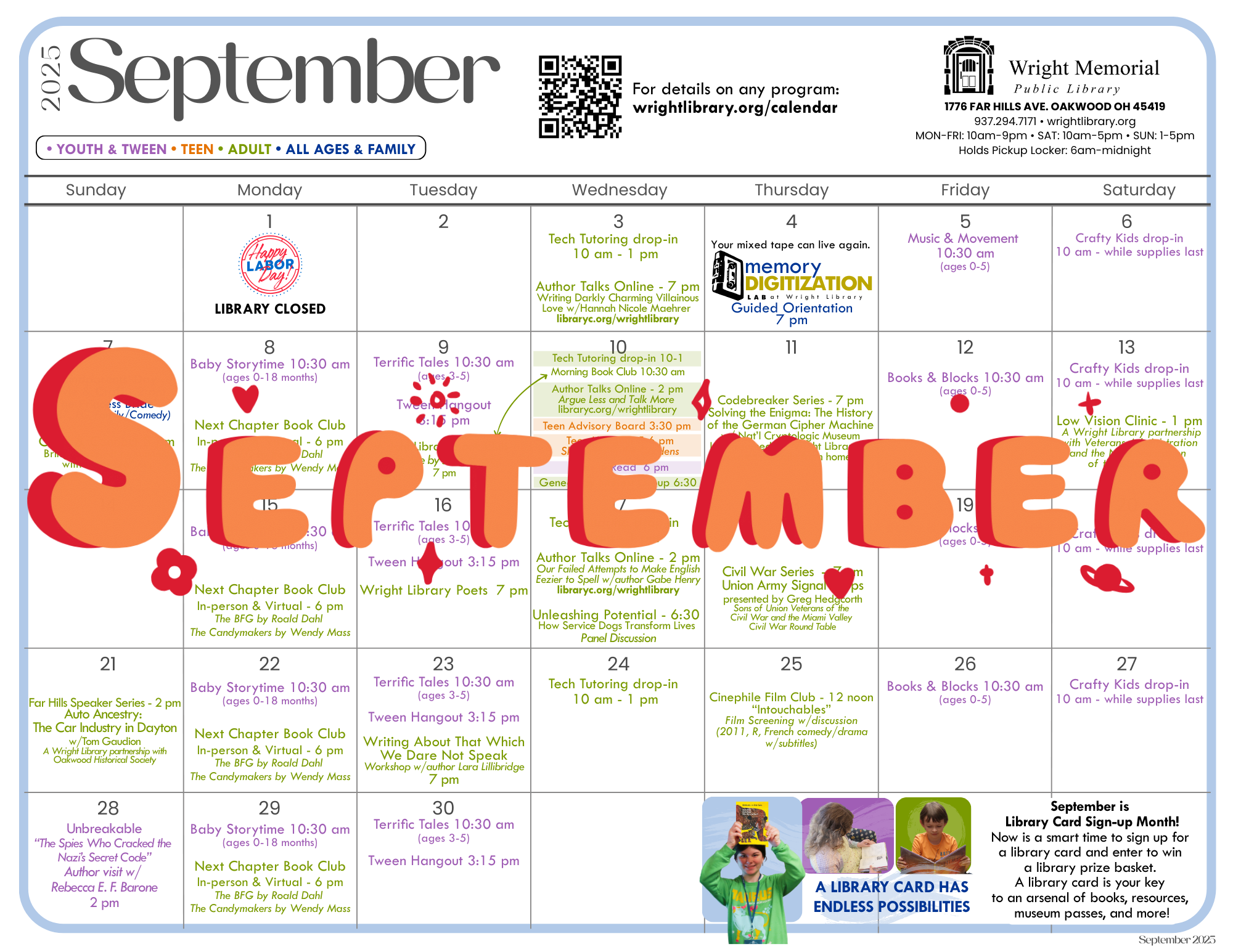 September calendar for Wright Public Library.