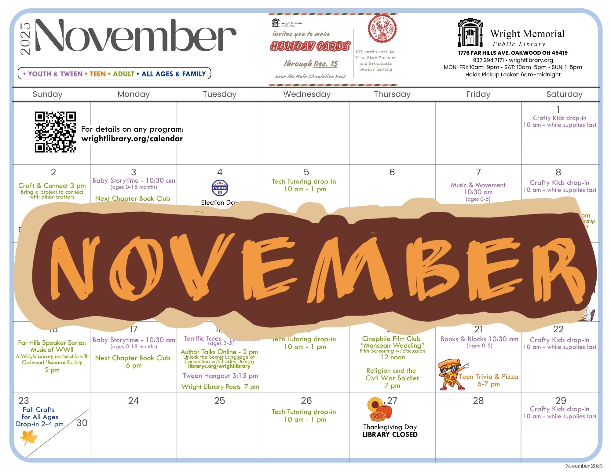 November calendar for Wright Public Library.