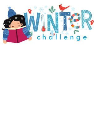 Winter Challenge logo with winter icons like mittens, scarf, cardinal, pine branches, and a girl with hat and mittens holding a book.