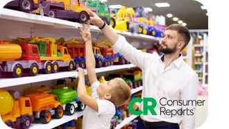 Father shops for toys with child. Consumer Reports can help him make wise decisions.
