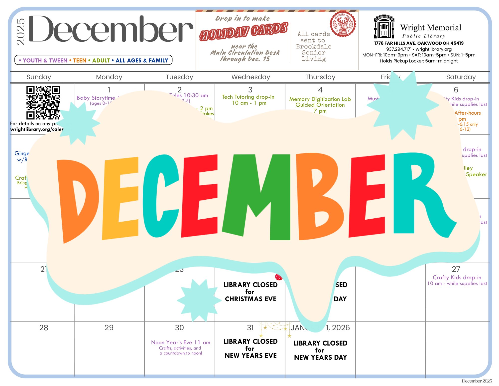 November calendar for Wright Public Library.