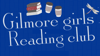 Gilmore Girls Reading Club with icons from the show: books, coffee, and dragonfly.