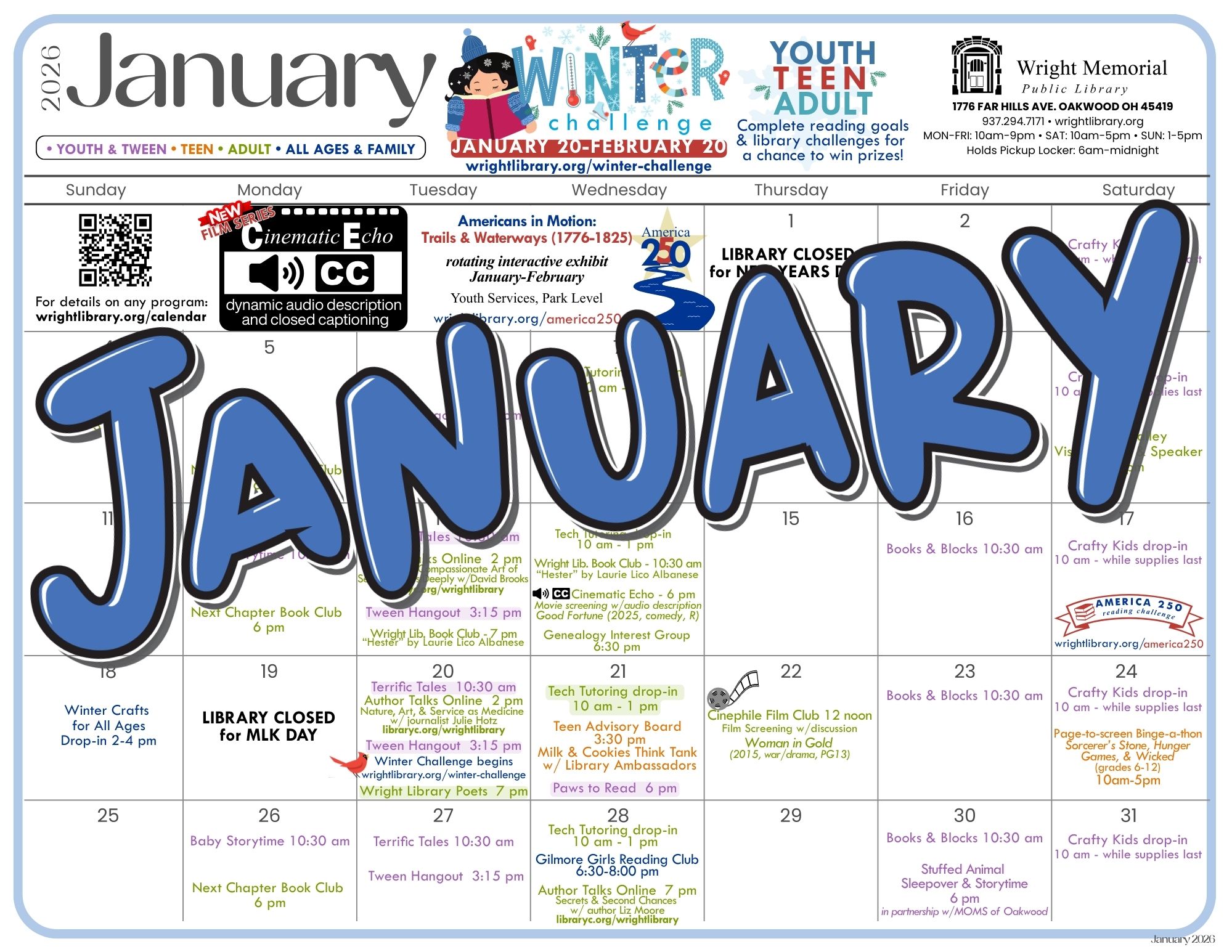 January calendar for Wright Public Library.