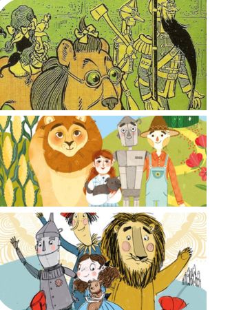 Excerpts in different art styles  from three different "The Wonderful Wizard of Oz" book covers.