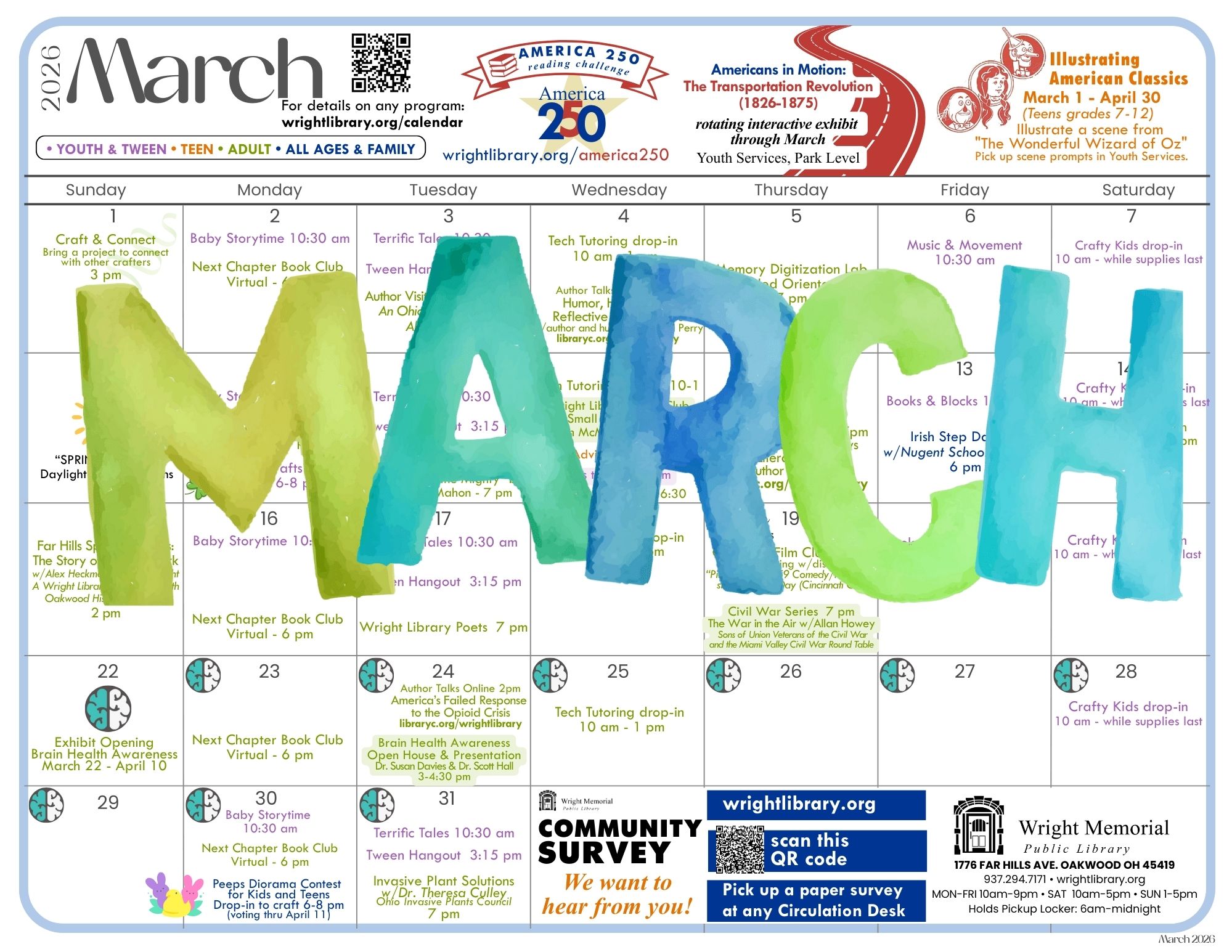 March calendar for Wright Public Library.
