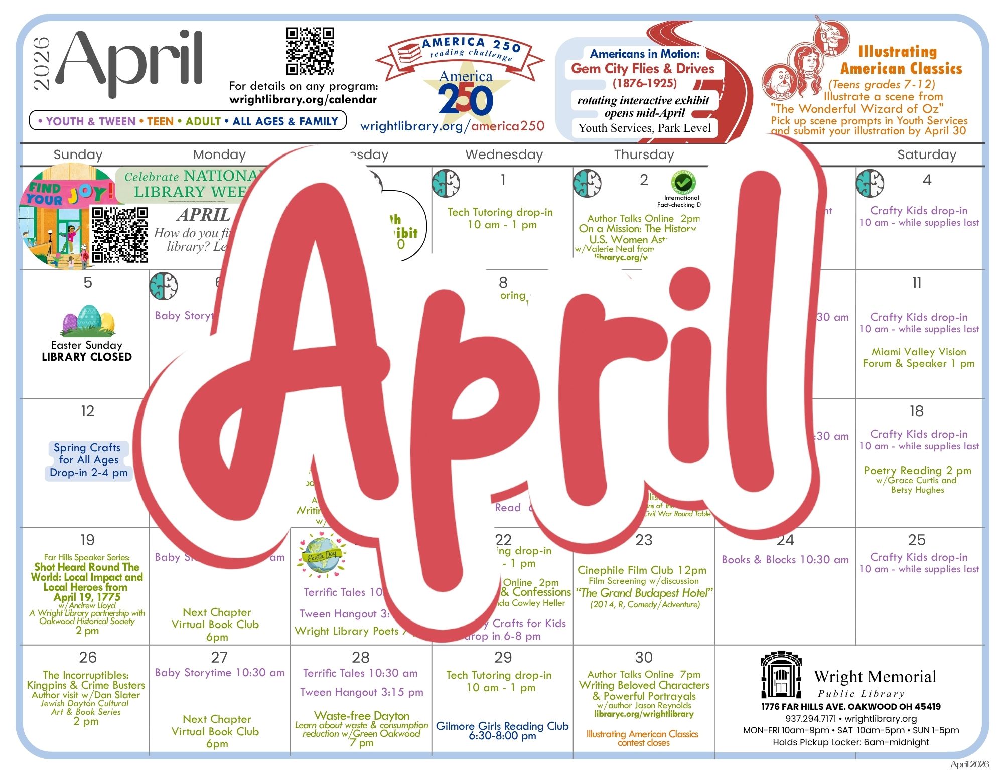 April calendar for Wright Public Library.