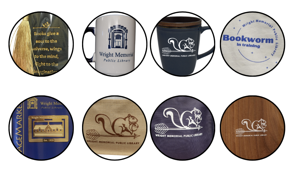 Items in Gift Shop: book marks, mugs, bibs, tote bags, and book ends.