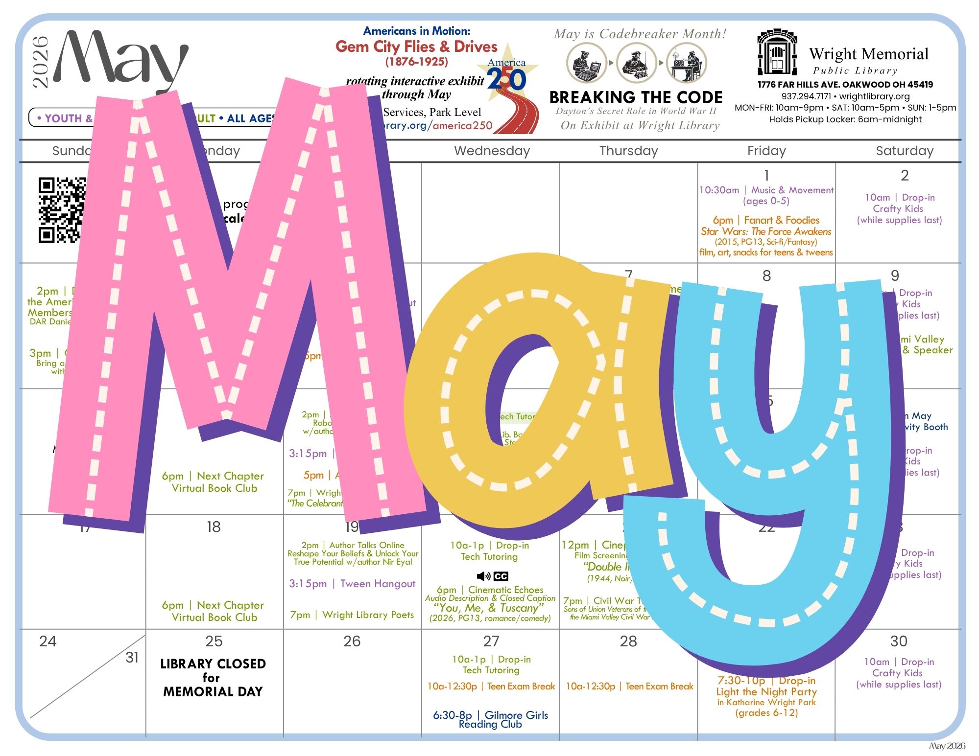 May calendar for Wright Public Library.