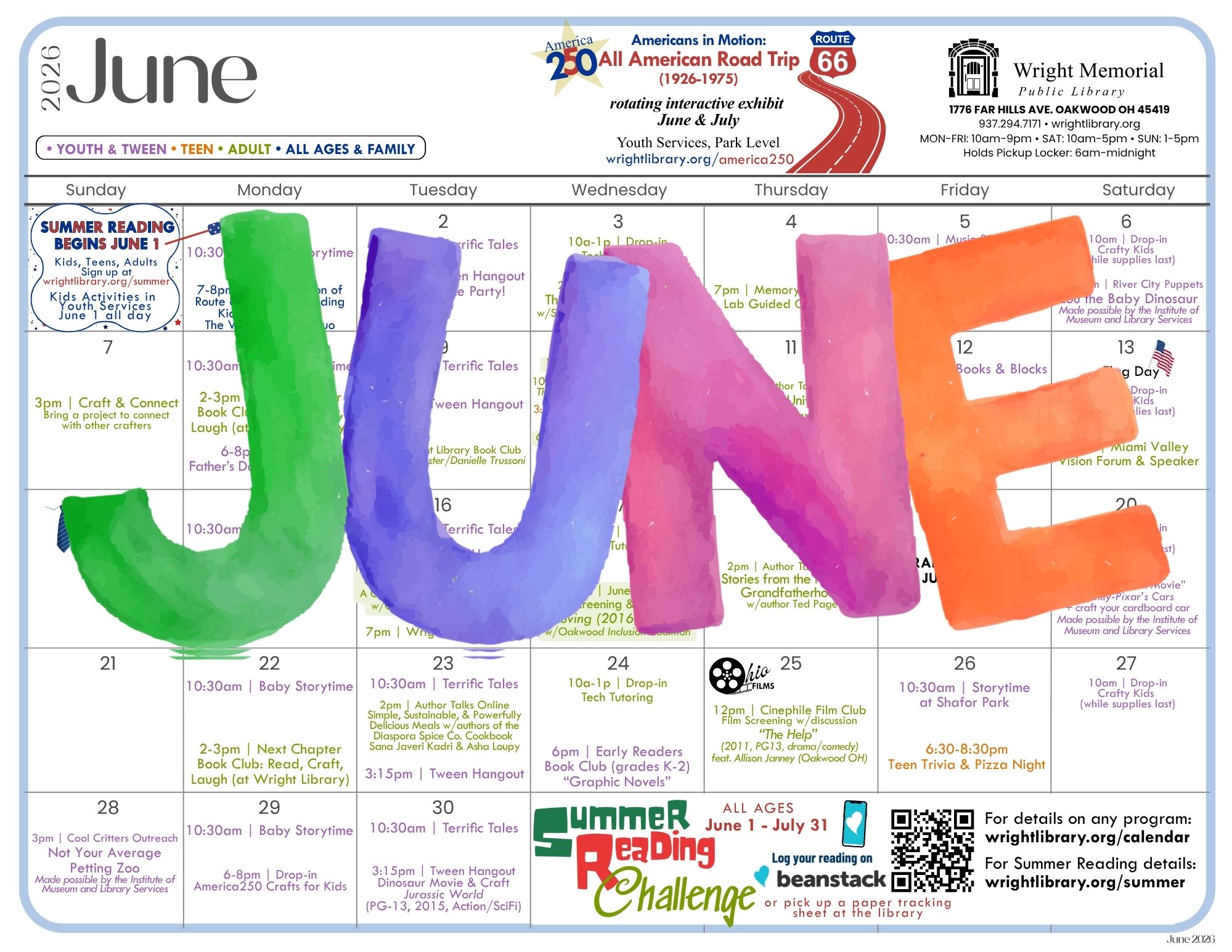 June calendar for Wright Public Library.