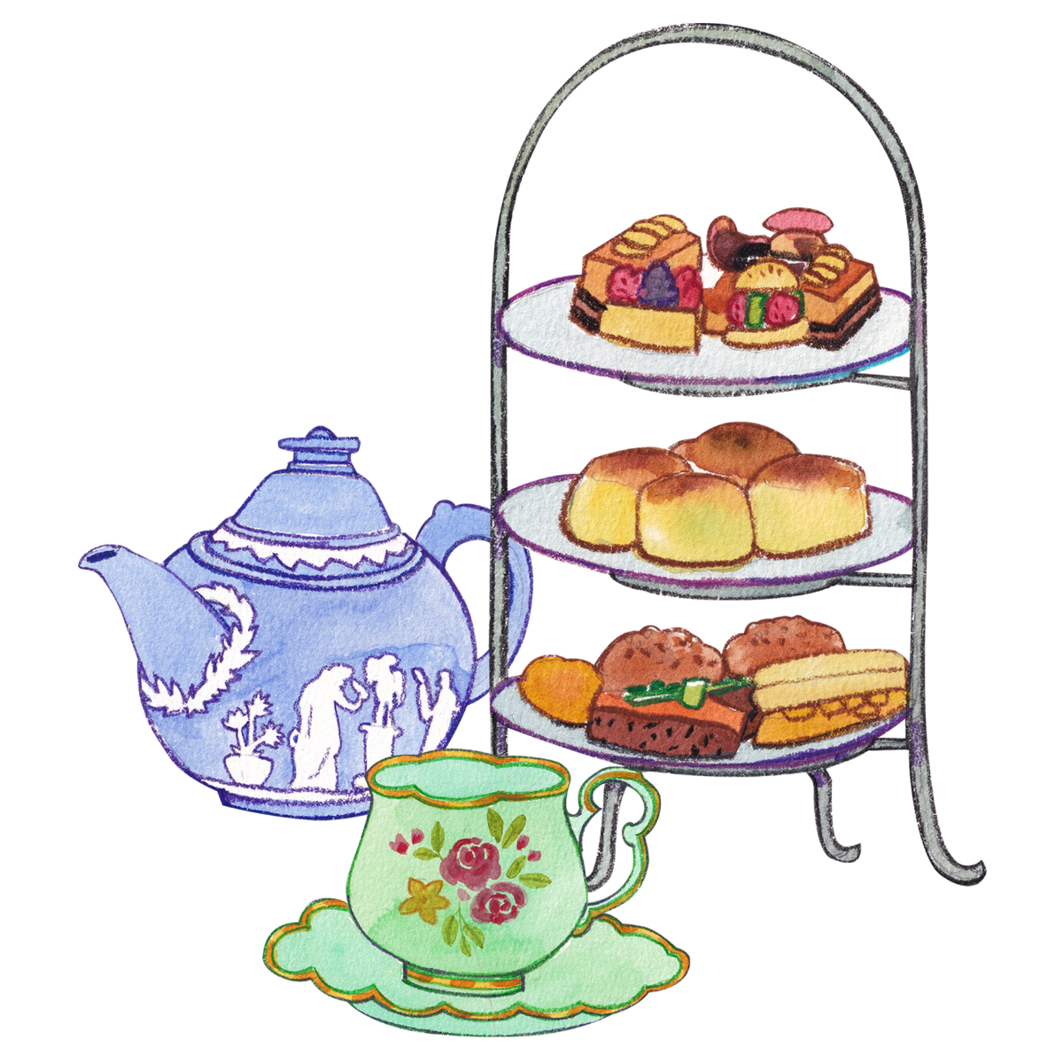 Tea pot and teacup next to tray of treats
