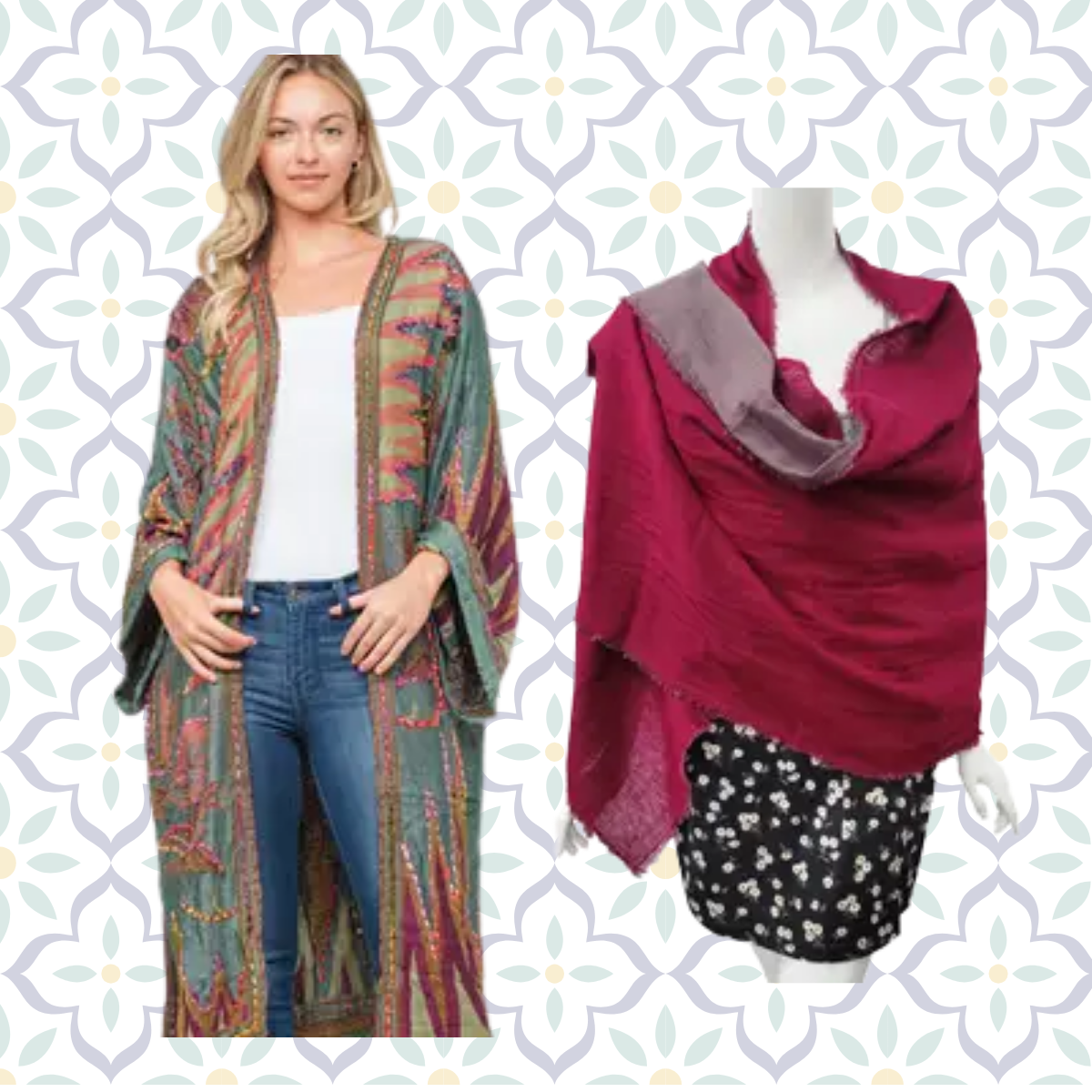 Model wearing pretty coverup and mannequin with Red shawl