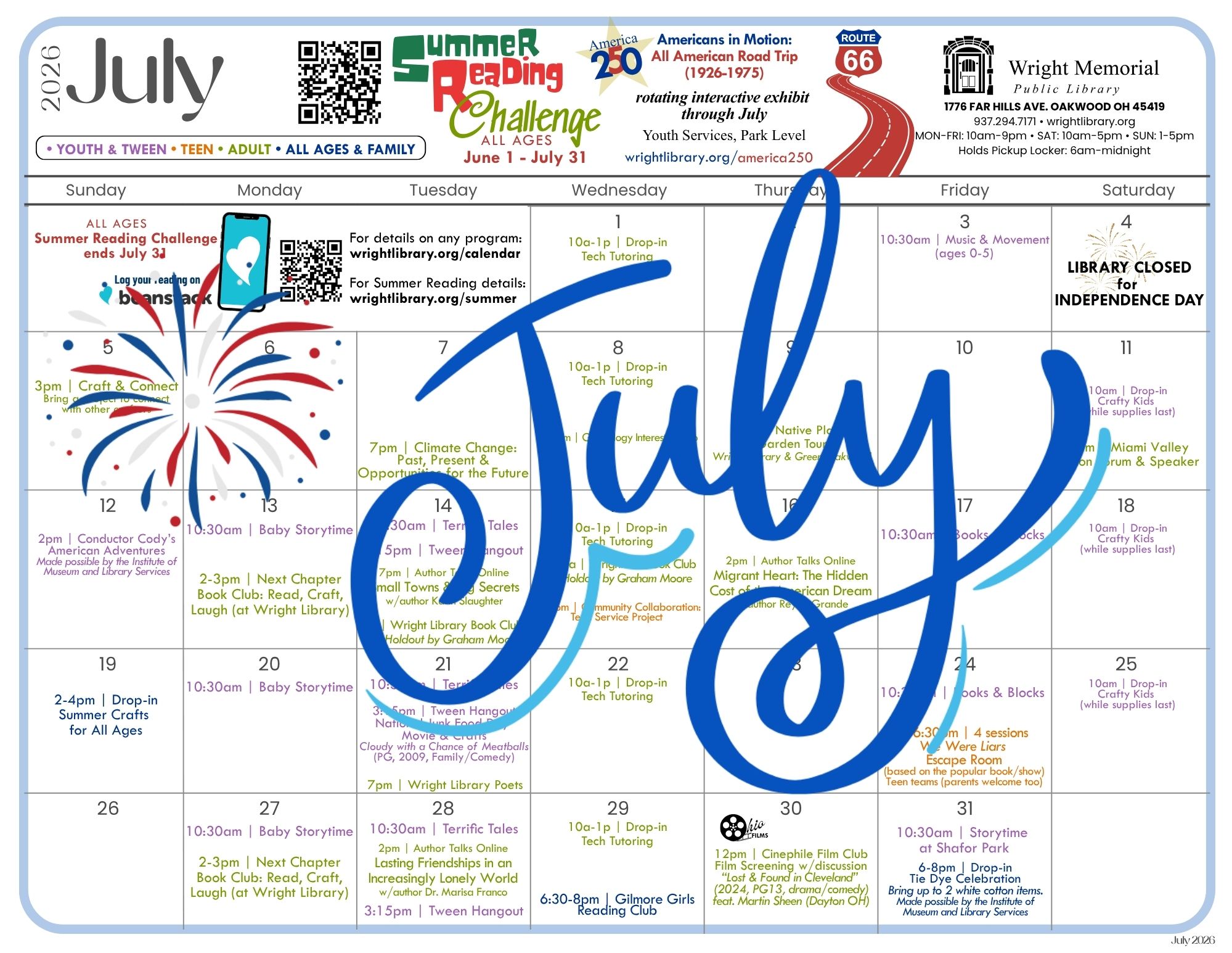 July calendar for Wright Public Library.