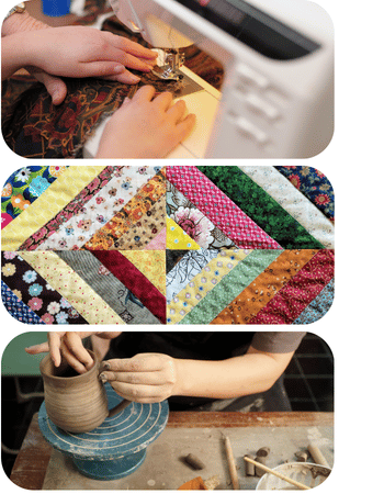 Craft activities available to check out from the Library of Things such as a Sewing Machine, Quilting Supplies, and Pottery Wheel.