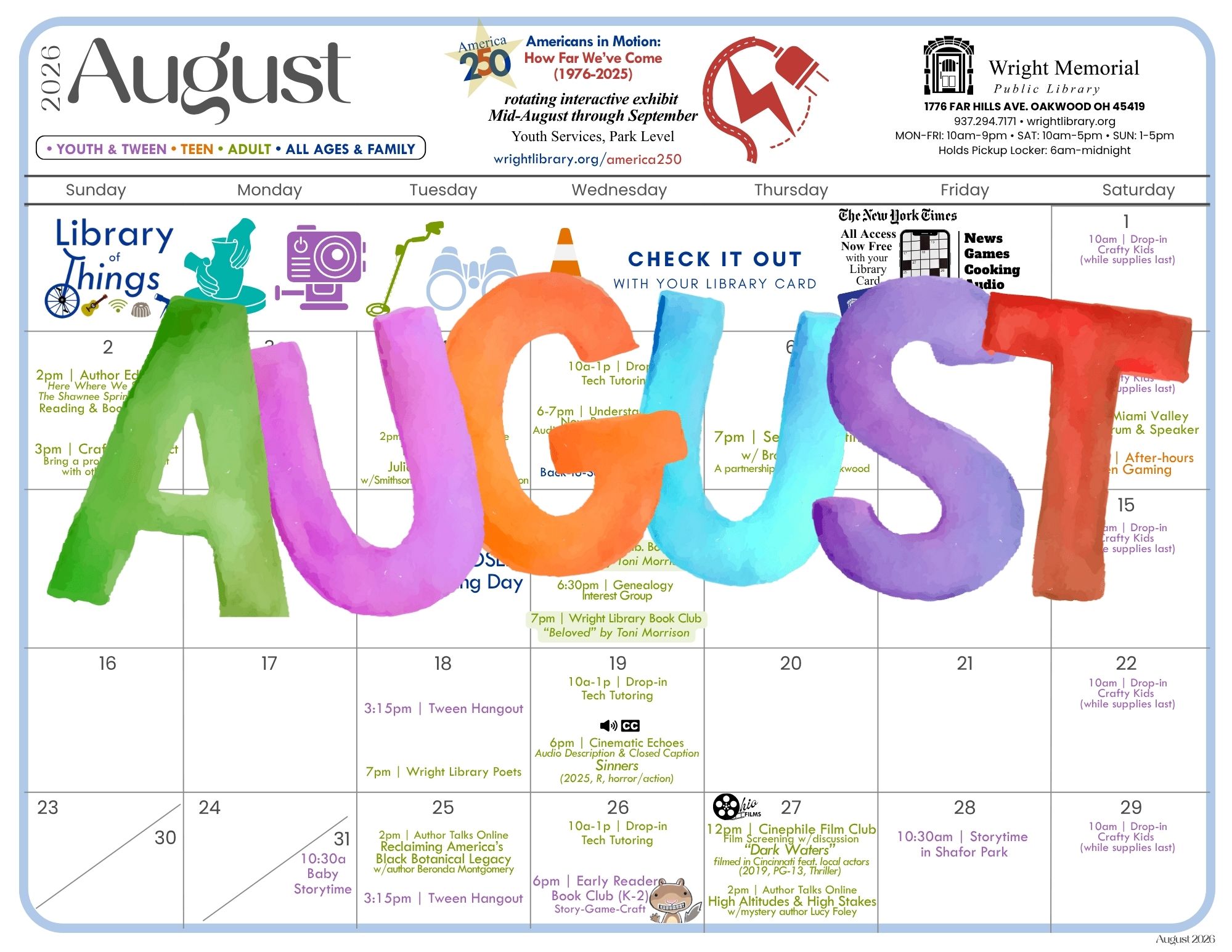 August calendar for Wright Public Library.