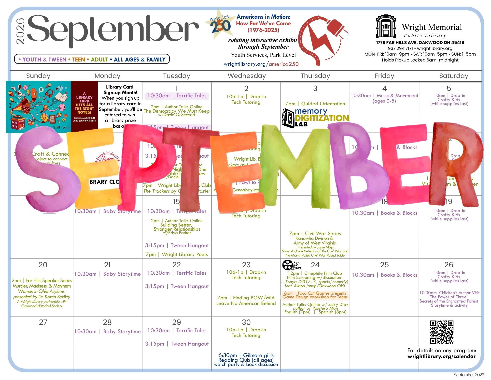 September calendar for Wright Public Library.