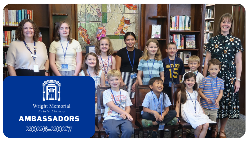 2026-2027 Library Ambassador Class with Wright Library Youth Services Coordinator and Board of Trustees President.