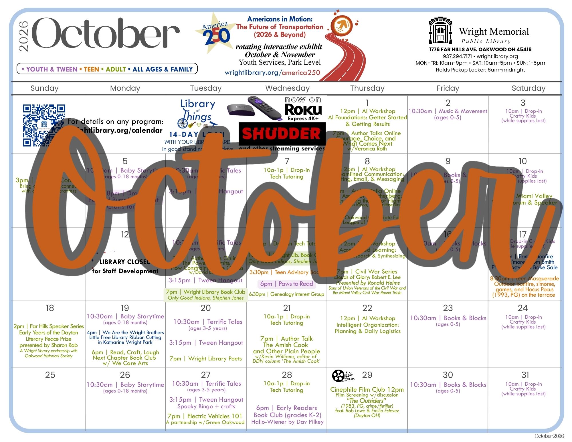 October calendar for Wright Public Library.