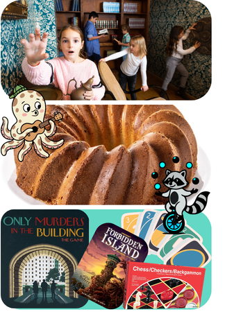 Fun & Games from the Library of Things! DIY Escape Room, Cake Pans, Ukulele, Juggling, Unicycle, and over 50 board, cared, and role-playing games.