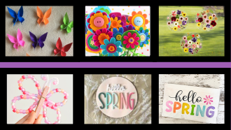 Multiple pictures of spring crafts such as origami butterflies, hello spring signs, and pressed flower suncatcher