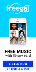 Freegal music logotext: free music with library card listen now on mobile and web
