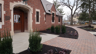 view of Library's new walkway leading to main entrance