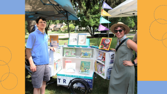 Library representatives pose with the Wright Library Book Peddler