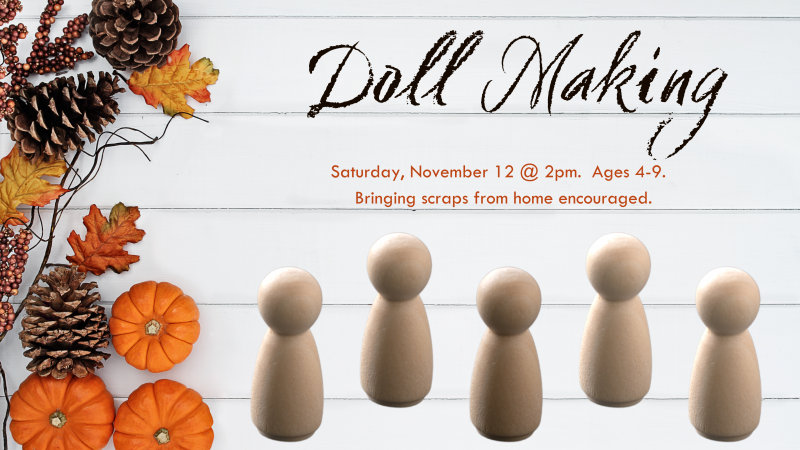 unadorned wooden peg dolls against a fall-themed background