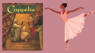 cartoon ballet dancer strikes a pose next to the book Coppelia