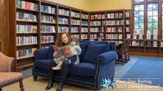 mom and girl reading in the library  Logo: rated 4 star library  library journal 2021