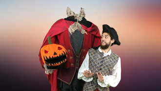 Madcap puppet headless horseman and frightened Inchabod Crane