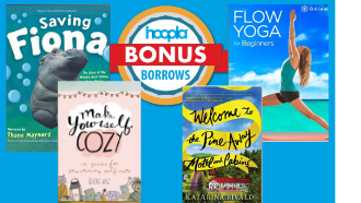 hoopla bonus logo, finoa movie, flow yoga, two novel covers