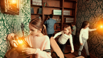 children looking for treasure in a library