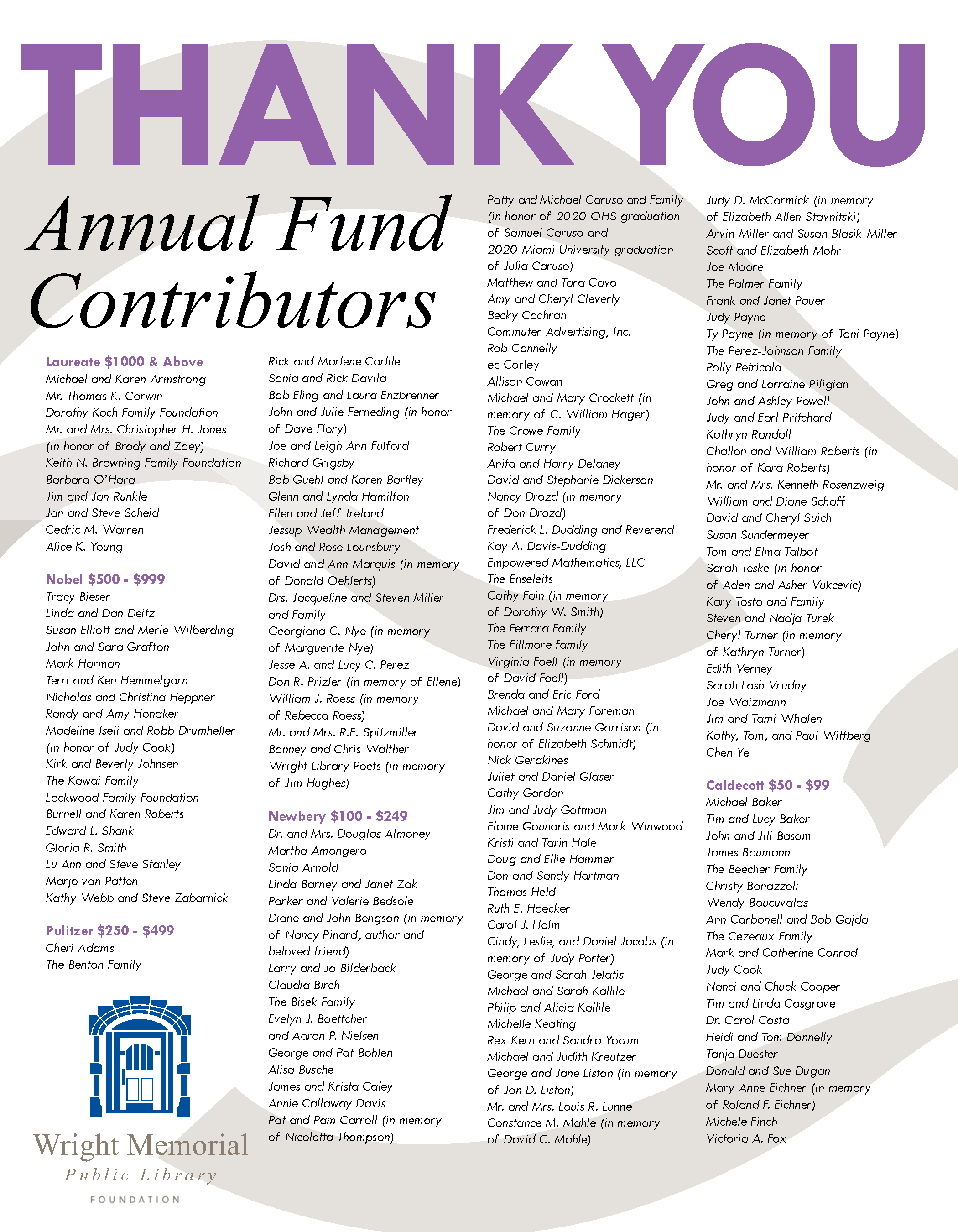 Thank You Donors Wright Public Library Thank You Donors Wright Public Library