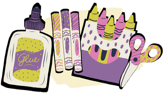 Glue, markers, Crayons, and scissors for kids' crafts
