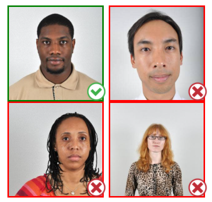 This example shows one acceptable photo, with head centered and the correct size, plus 3 unacceptable examples with subjects too close, distant, or uncentered.