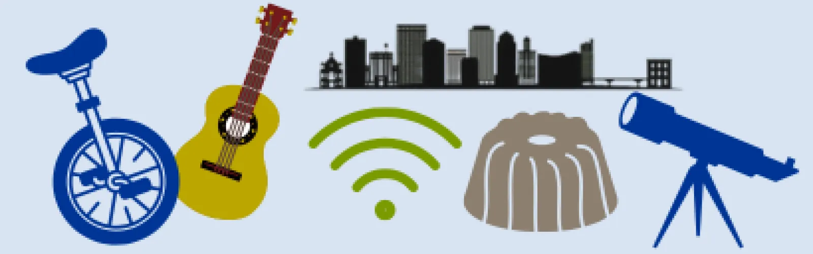 Library of Things icons: unicycle, ukulele, wifi, Dayton attractions, cake pans, and telescope.